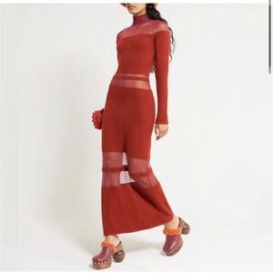 Cult Gaia Ebony Knit Maxi Dress Sheer Long Sleeve Red Burgundy Sweater Wool SM